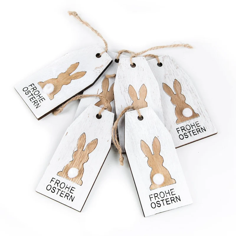 6 Osteranhänger aus Holz - mit Text Frohe Ostern weiß braun