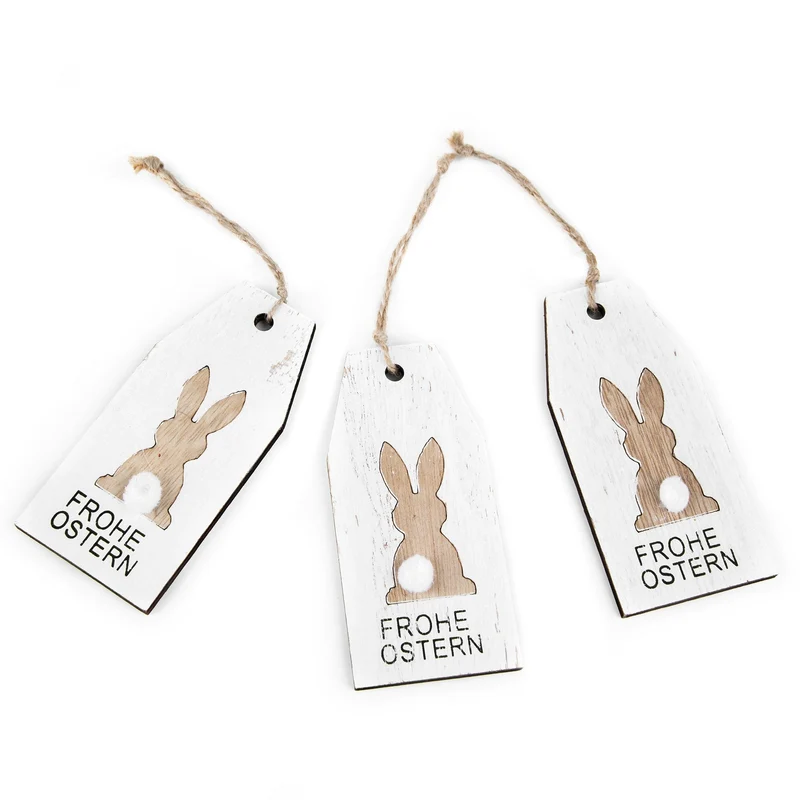 6 Osteranhänger aus Holz - mit Text Frohe Ostern weiß braun