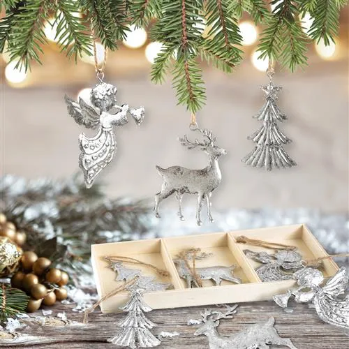 9 silberfarbene Weihnachtsanhänger Baum + Hirsch + Engel - shabby chic