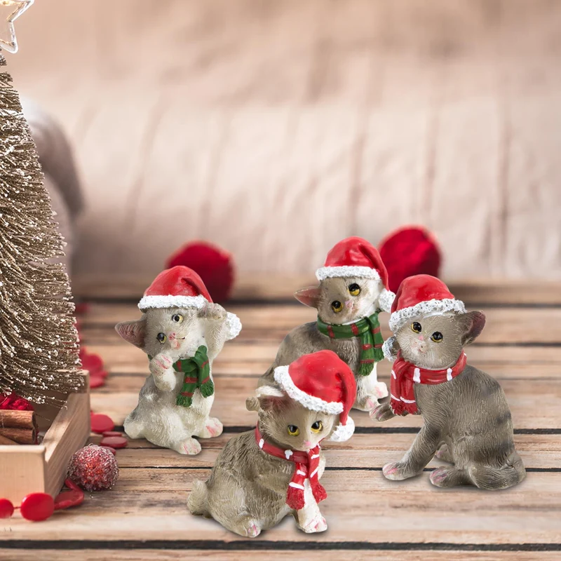 4 weihnachtliche Katzenfiguren - 5 cm grau rot - als Weihnachtsdeko