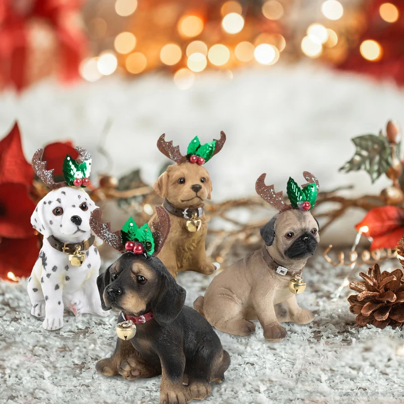 4 weihnachtliche Hunde Figuren mit Geweih - 11 cm braun schwarz weiß