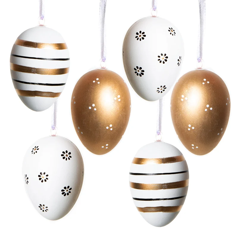 6 Ostereier schwarz weiß Gold aus Kunststoff Set 6 cm