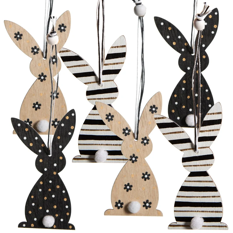 6 Holz Osterhasen schwarz weiß Natur 10 cm