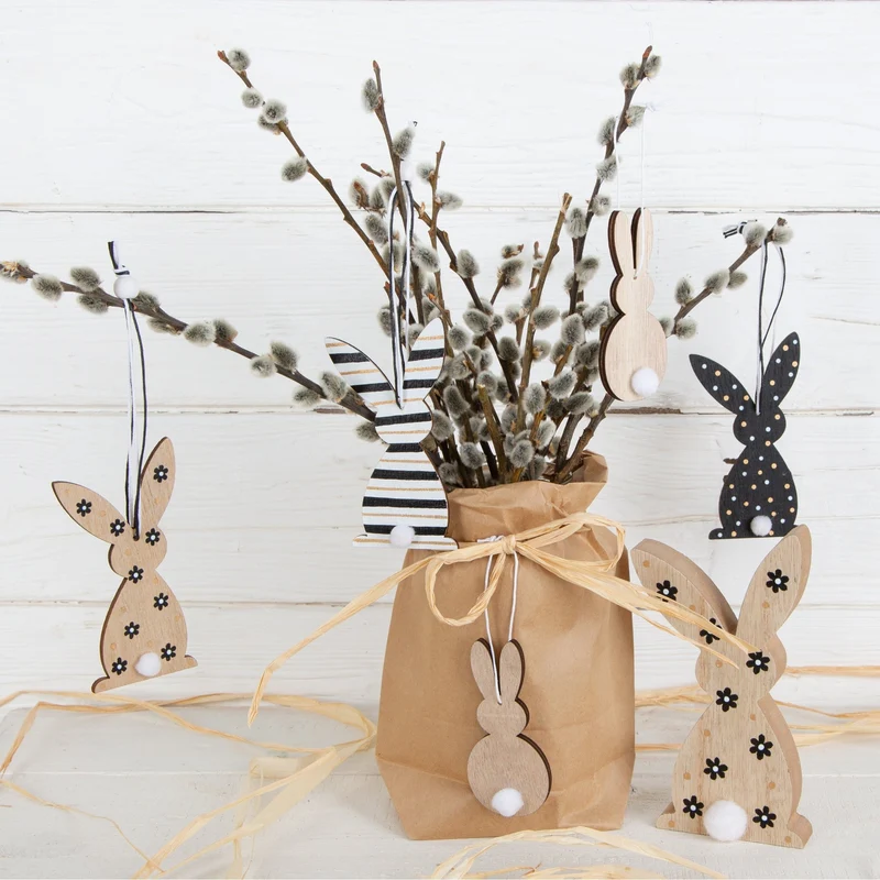 6 Holz Osterhasen schwarz weiß Natur 10 cm