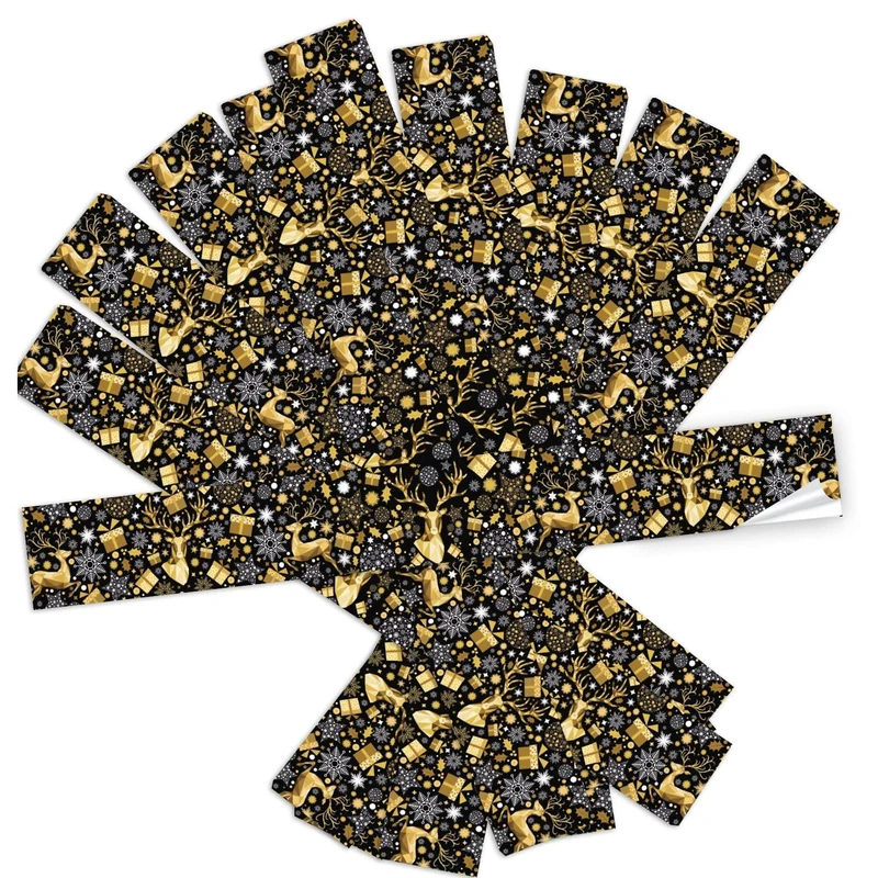 10 Weihnachtsbanderolen Hirsch und Geschenke schwarz gold weiß 5 x 42 cm