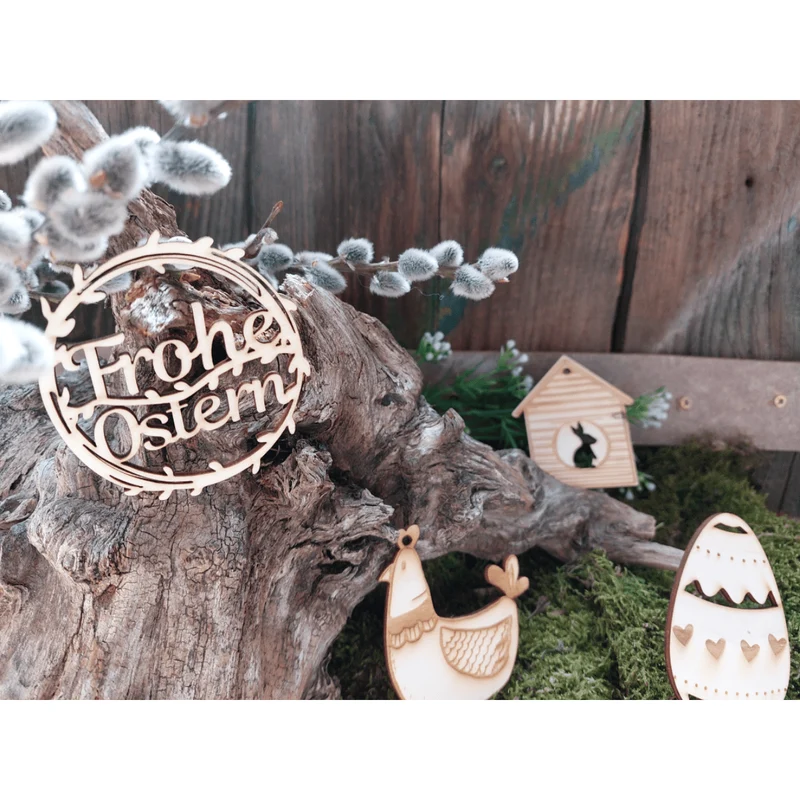 4 Frohe Ostern Geschenkanhänger aus Holz mit Text - 10 cm