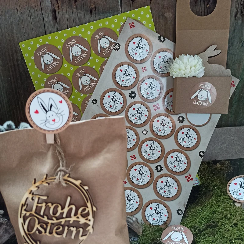 4 Frohe Ostern Geschenkanhänger aus Holz mit Text - 10 cm