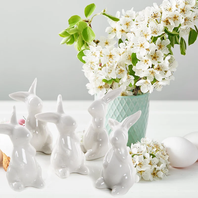 5 kleine Osterhasen Dekofiguren aus Porzellan weiß glänzend 7 cm – Osterdeko Figuren - Give-Away zu Ostern