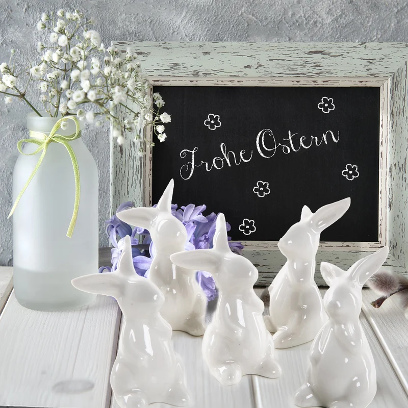 5 kleine Osterhasen Dekofiguren aus Porzellan weiß glänzend 7 cm – Osterdeko Figuren - Give-Away zu Ostern