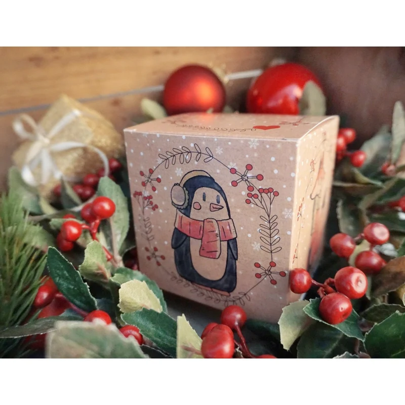 Weihnachtliche Geschenkboxen braun 10 x 10 cm mit bunten Wintertieren