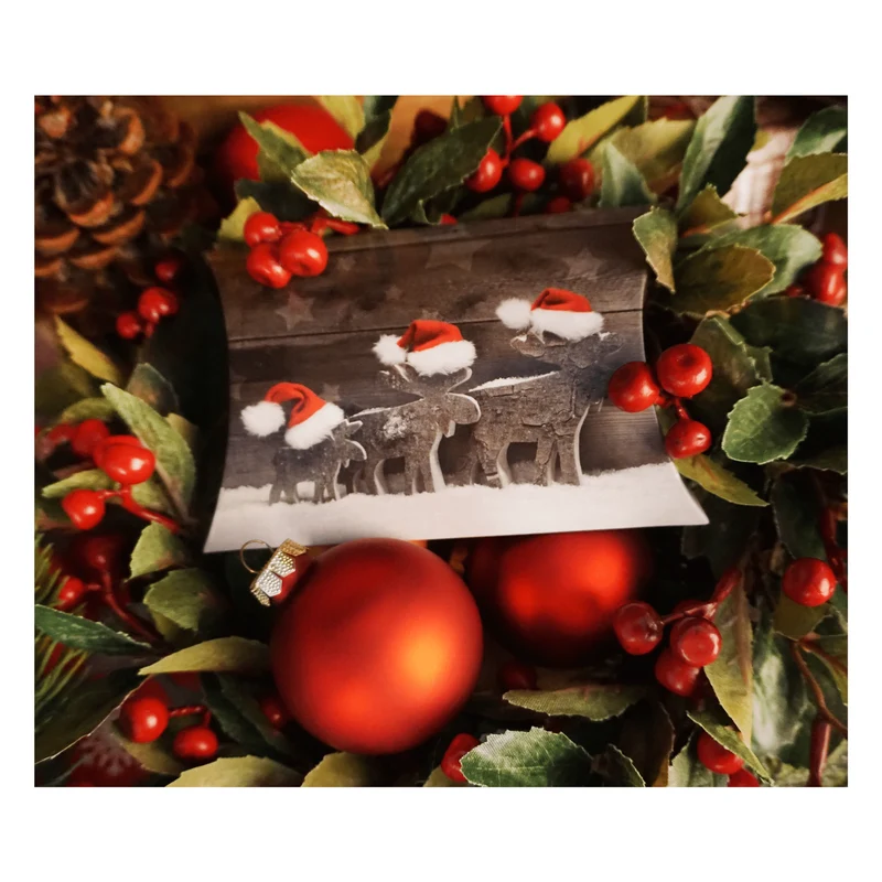 Geschenkboxen flach rot-weiß-grau 14,5 x 10,5 x 3 cm mit Rentier-Motiv