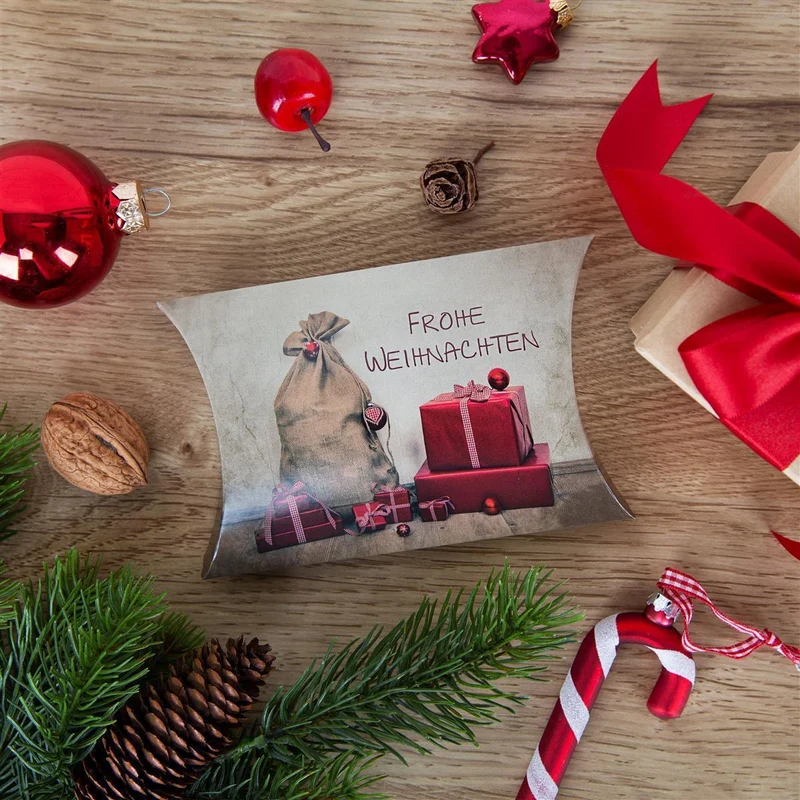 Geschenkboxen flach rot-braun 14,5 x 10,5 x 3 cm mit Schriftzug „Frohe Weihnachten“ Vintage