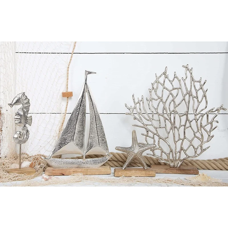 Logbuch-Verlag großes maritimes Deko Set - silberfarbene Figuren aus Metall & Holz - Sommerdeko Urlaub Meer