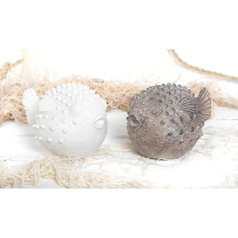 2 Kugelfisch Figuren - Fische zum Hinstellen weiß + braun - 16 cm