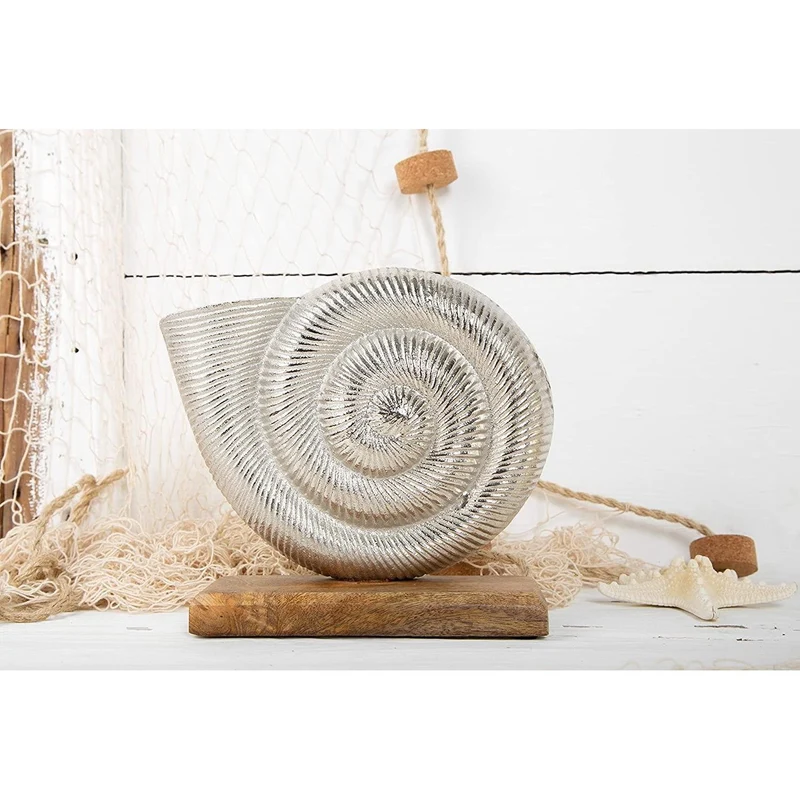 Ammonit Muschel Figur aus Metall & Holz Silber braun - 23 cm