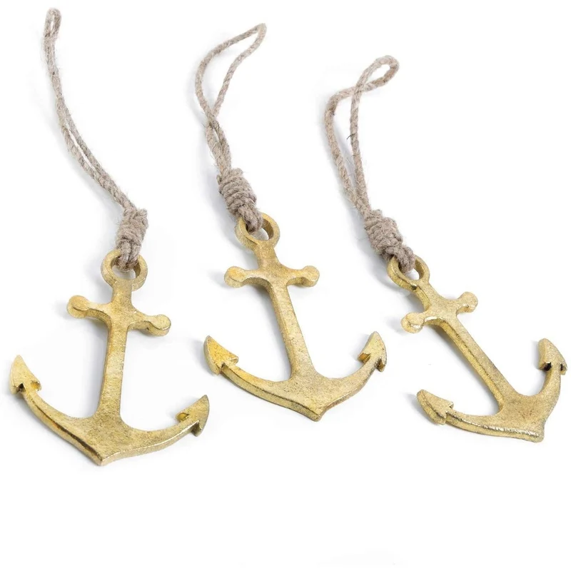 3 kleine maritime Metallanker mit Schnur zum Aufhängen Gold - 12 cm -