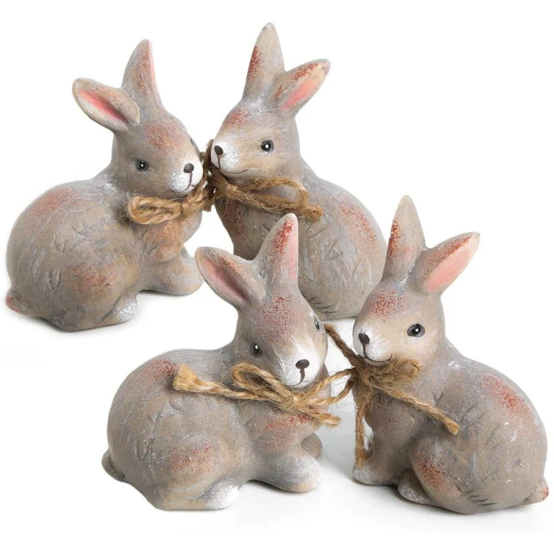 4 Hasen Figuren aus Keramik in grau braun - 7 cm - Osterhasen Dekofiguren