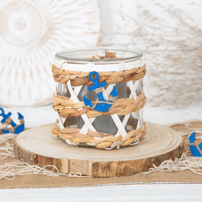 2 Windlichter aus Glas 12 x 12 cm verziert mit Rattan - Natur weiß