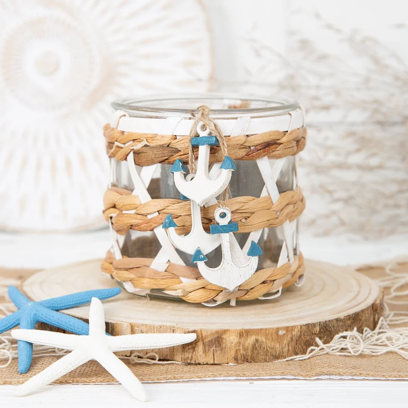 2 Windlichter aus Glas 12 x 12 cm verziert mit Rattan - Natur weiß