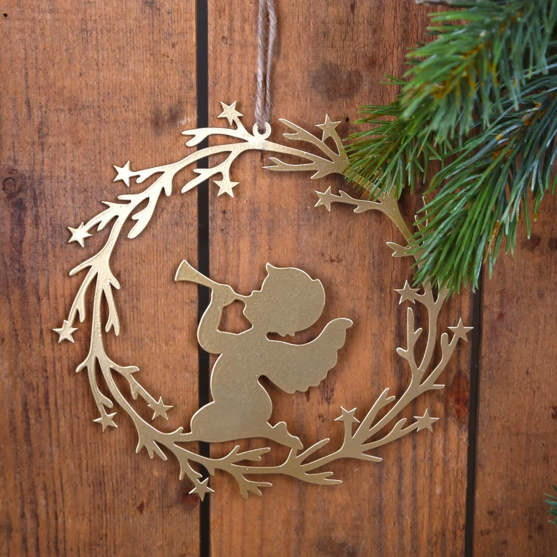 Großer Weihnachtsanhänger Kranz mit Engel 15 cm Metall Gold