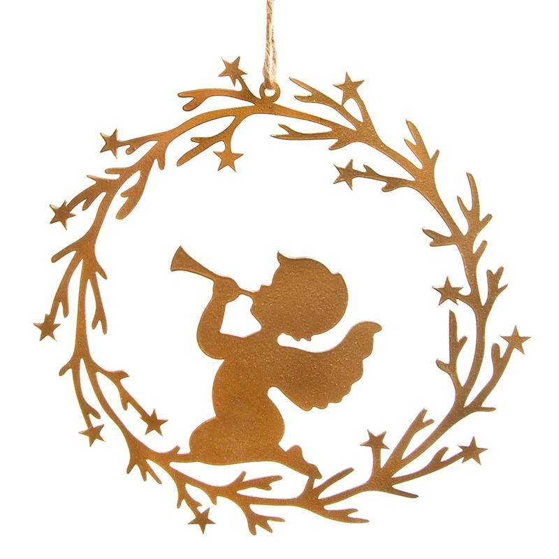 Großer Weihnachtsanhänger Kranz mit Engel 15 cm Metall Gold