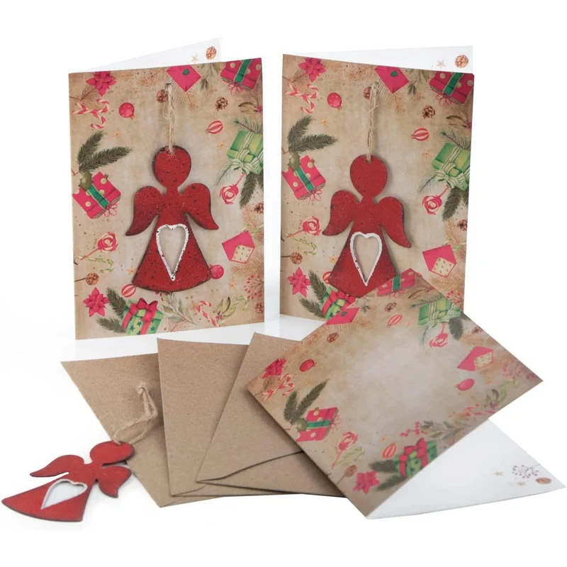 3 Weihnachtskarten DIN A6 Klappkarten mit Umschlag – Engel vintage mit Engel-Anhänger aus Metall