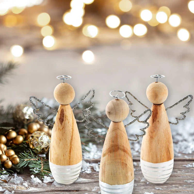 3 Engel Figur aus Holz - Deko Holzengel stehend 14 cm
