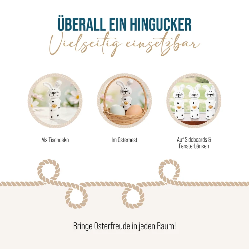 4 Osterhasen Figuren kleine Hasen mit Herz schwarz weiß Gold Mini 8,5 cm