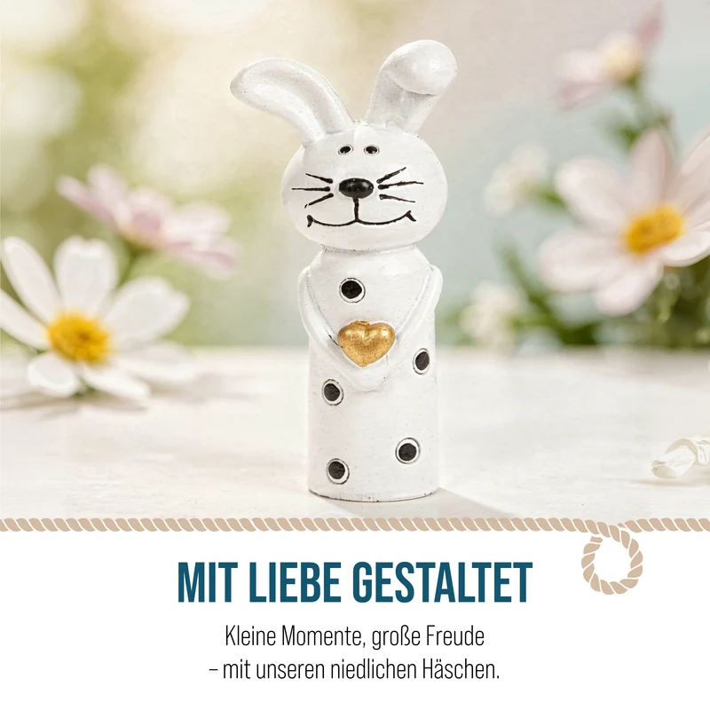 4 Osterhasen Figuren kleine Hasen mit Herz schwarz weiß Gold Mini 8,5 cm