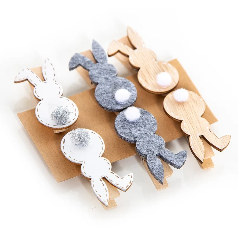 6 Osterdeko Klammern Holz & Filz - Osterhase Clips 5 cm