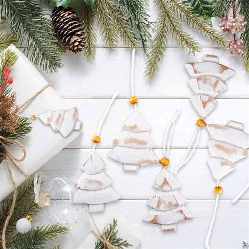 6 kleine weiße Weihnachtsbäume mit Schnur zum Aufhängen 6 cm
