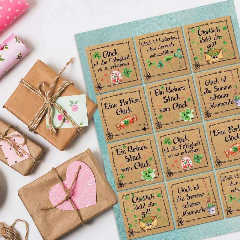 84 bunte Geschenkaufkleber mit Text - rund + quadratisch - für Geschenke Briefe Pakete