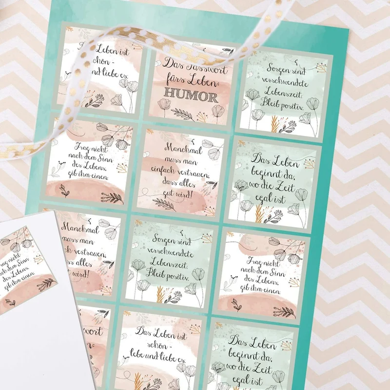 84 bunte Geschenkaufkleber mit Text - rund + quadratisch - für Geschenke Briefe Pakete