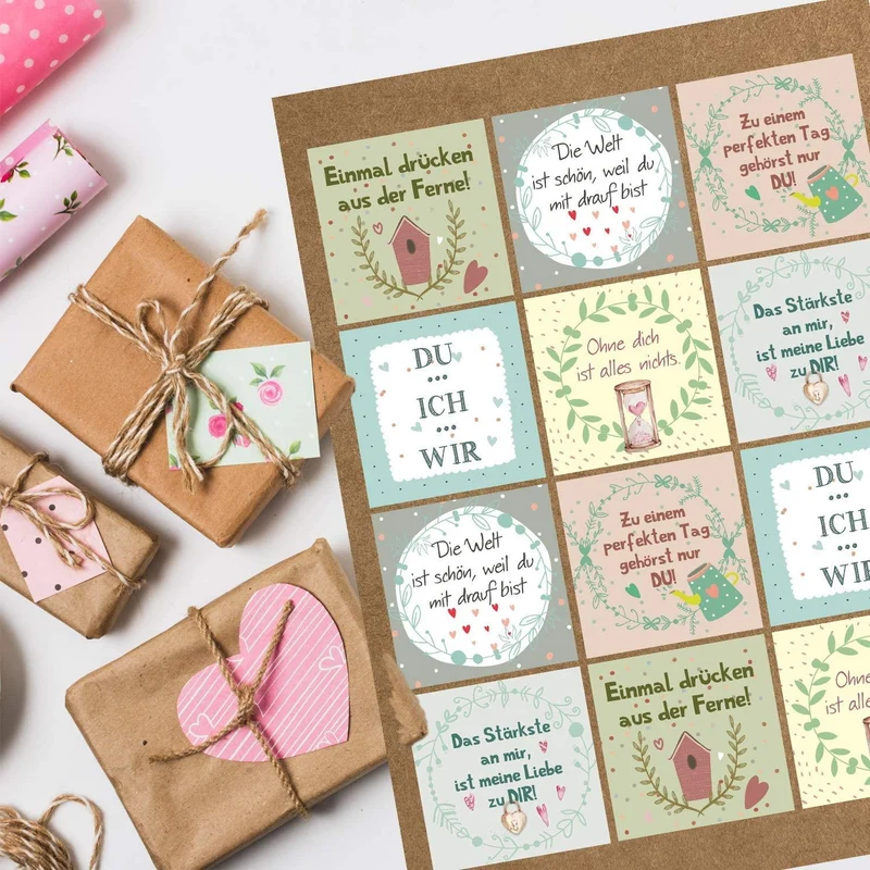 84 bunte Geschenkaufkleber mit Text - rund + quadratisch - für Geschenke Briefe Pakete