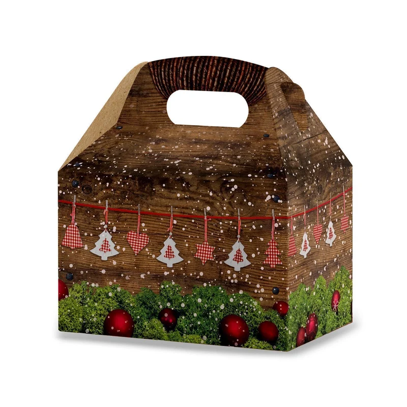 Weihnachtliche Geschenkboxen mit Griff braun-grün-rot in Holzoptik 12,5 x 18,5 x 12 cm