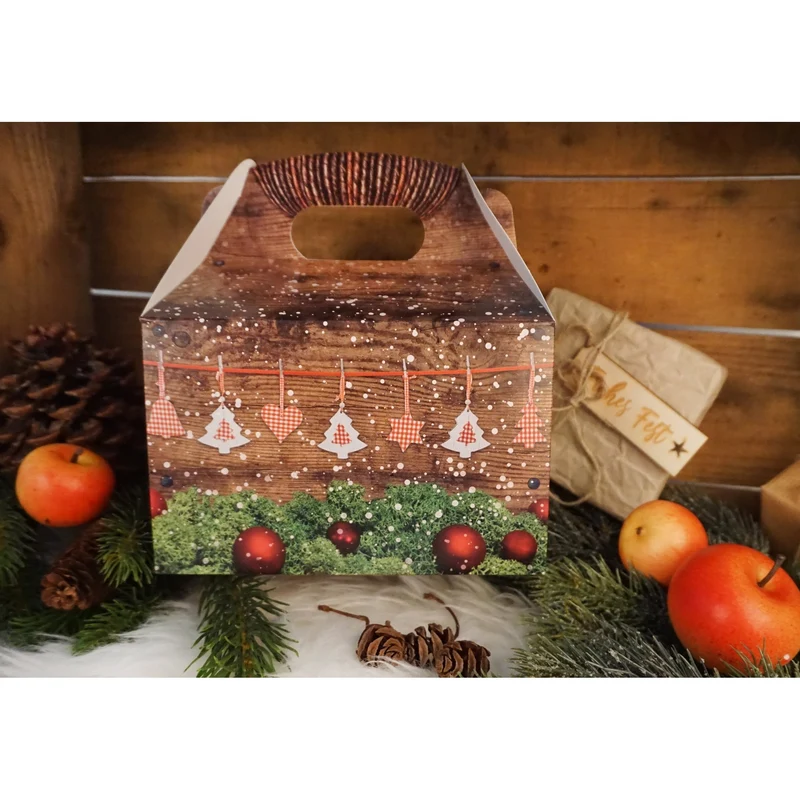 Weihnachtliche Geschenkboxen mit Griff braun-grün-rot in Holzoptik 12,5 x 18,5 x 12 cm
