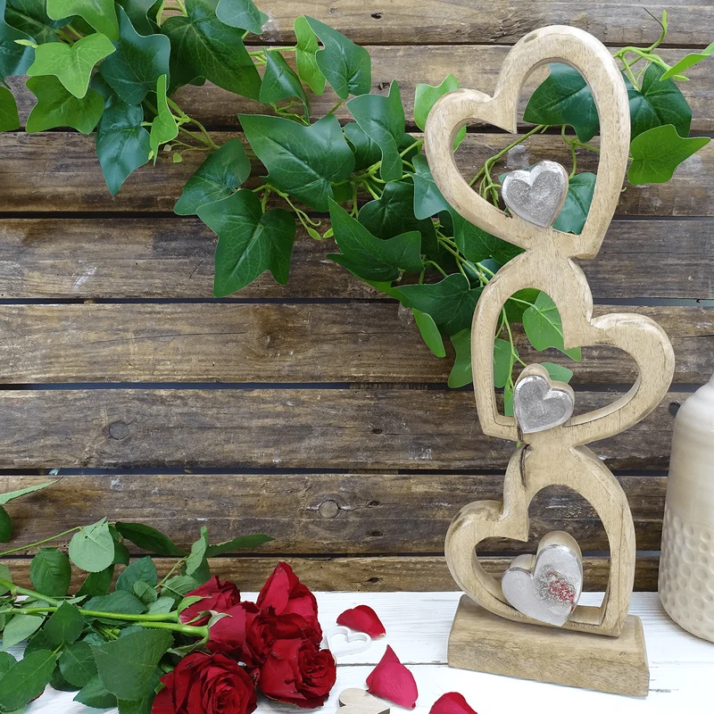Herzen Skulptur aus Holz & Metall Herz Figur stehend 45 cm