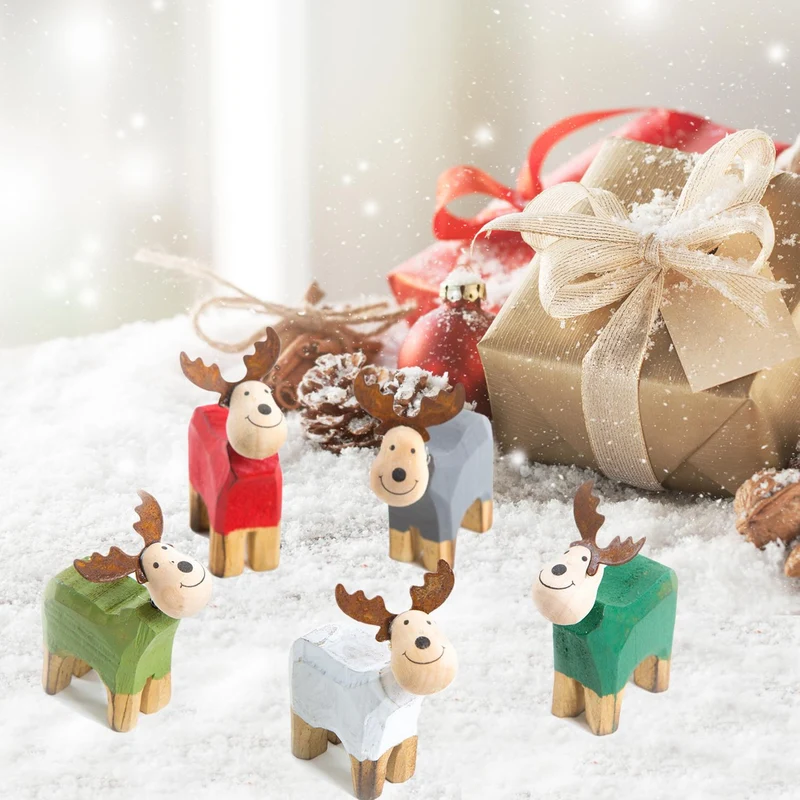 10 kleine Rentier Figuren aus Holz - bunte Weihnachtsdeko in 6 cm