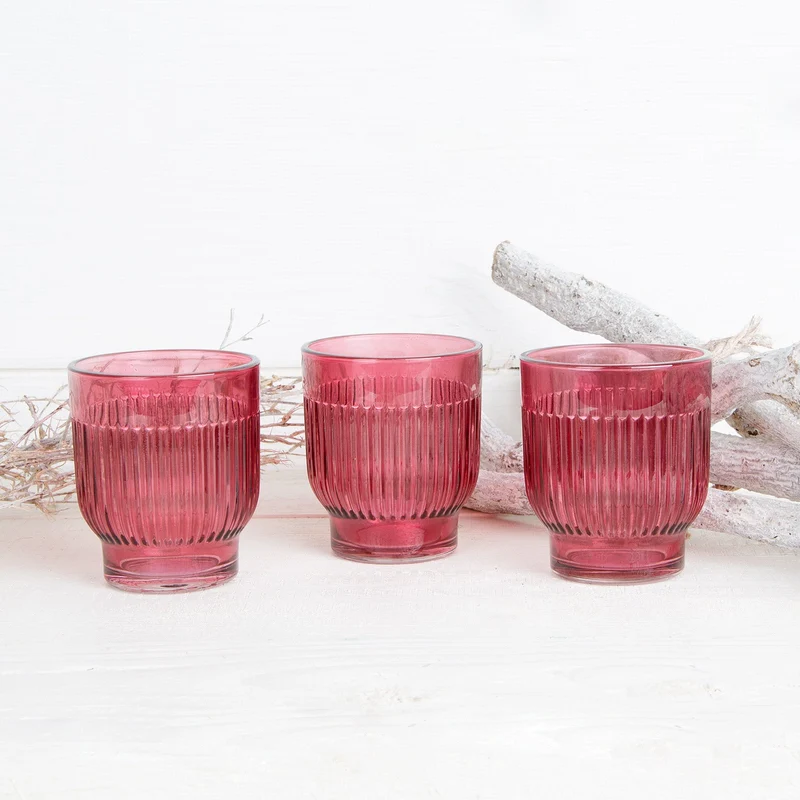 6 Teelichthalter aus Glas mit Rillen - rosa pink 7 x 8 cm