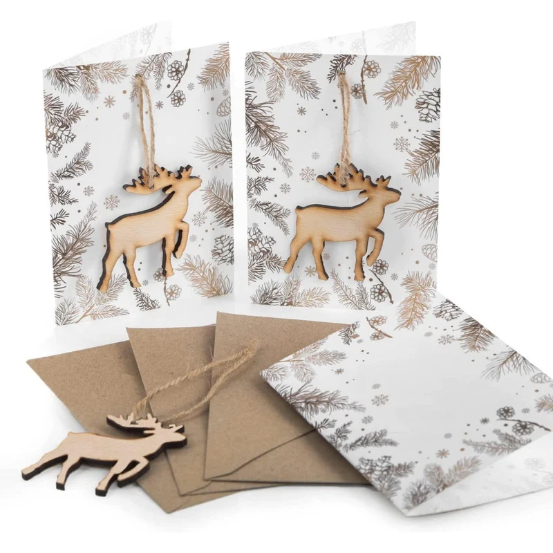 3 Weihnachtskarten DIN A6 Klappkarten mit Umschlag – edle Karten mit Hirsch-Anhänger aus Holz