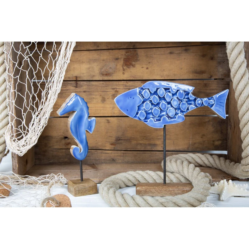 Deko Set maritim: Fisch + Seepferdchen Figur in blau