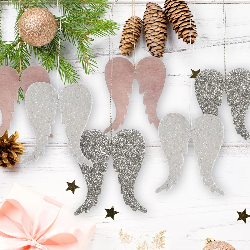 9 glitzernde Weihnachtsanhänger Engelsflügel aus Holz silber weiß rosa