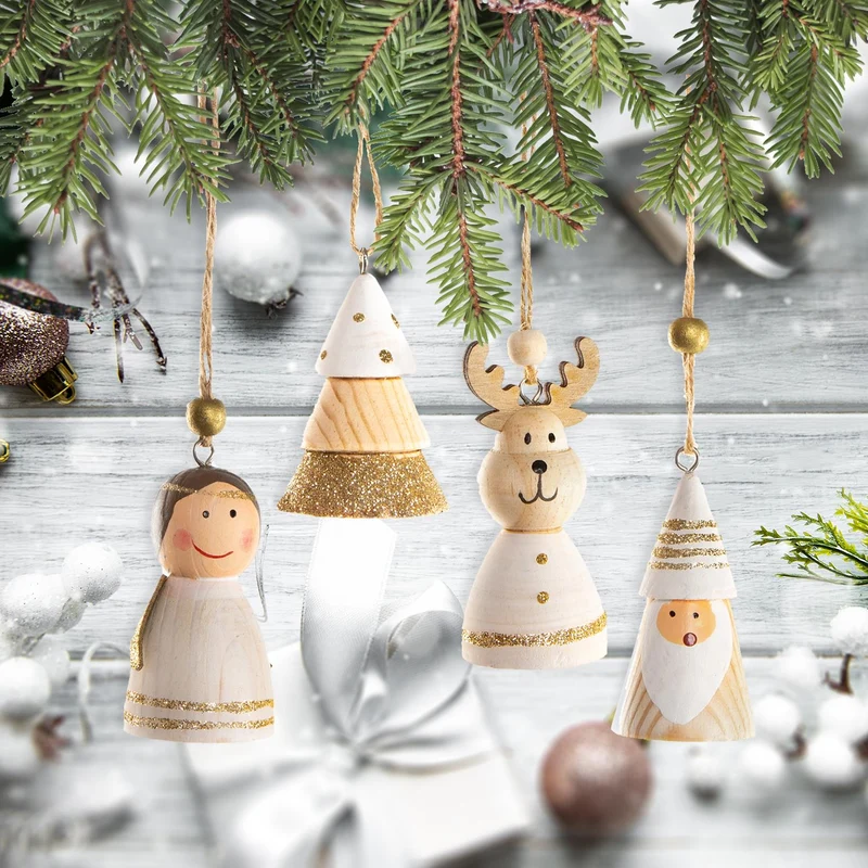 Weihnachtsanhänger Set - Engel + Baum + Rentier + Nikolaus Natur Gold weiß