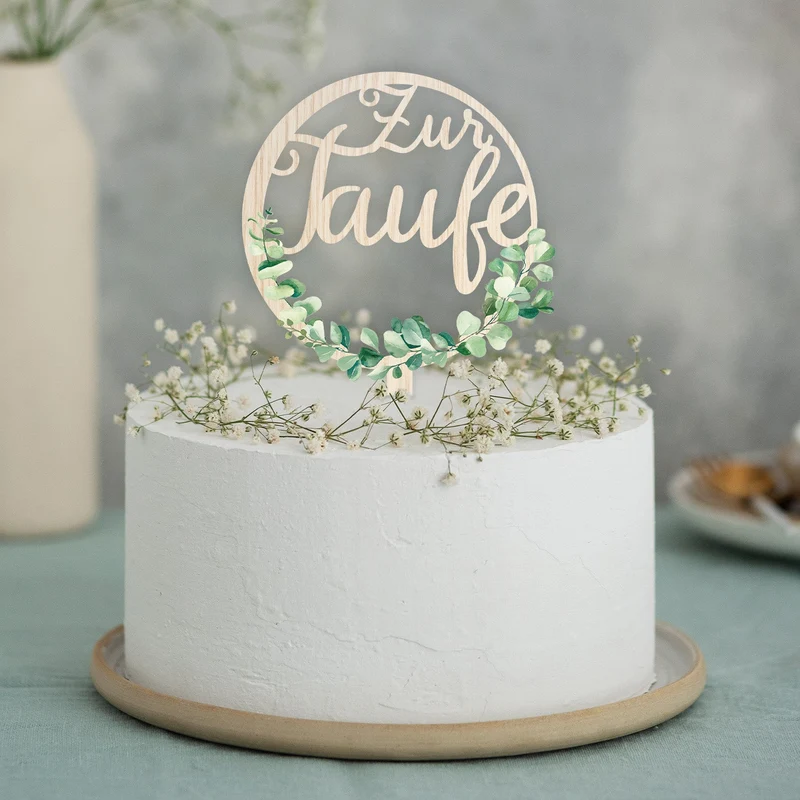 Caketopper Taufe aus Holz Eukalyptus Kuchendeko Tortendeko Deko grün natur