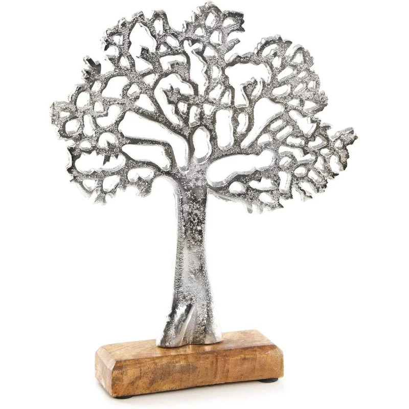 Lebensbaum Figur aus Metall & Holz 27 cm Silber - zum Hinstellen