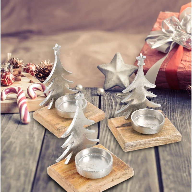 Weihnachtlicher Teelichthalter aus Holz + Metall - Silber braun