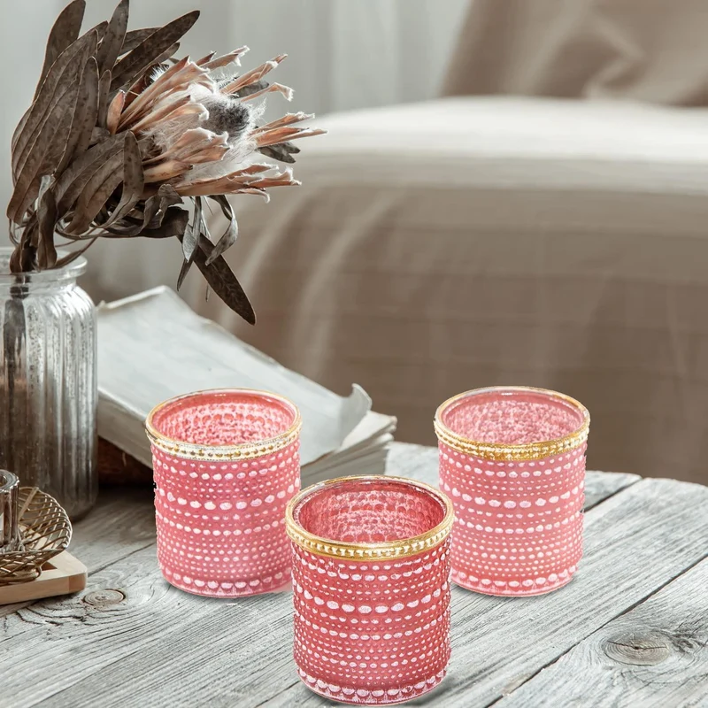 3 Teelichtgläser rosa pink mit goldenem Metallrand & weißen Punkten
