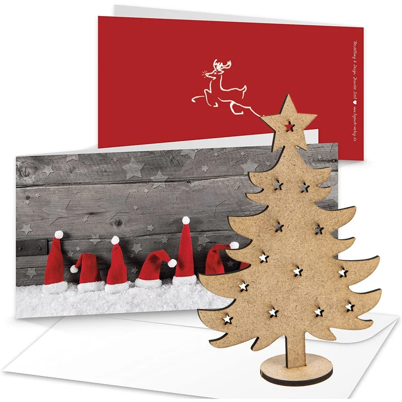 10 Weihnachtskarten DIN lang Klappkarten mit Umschlag – rot-weiß-grau mit Mini-Weihnachtsbaum aus Holz