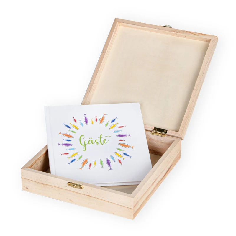 Erinnerungsbox + Gästebuch Bunte Fische Holzbox 18,5x18,5cm