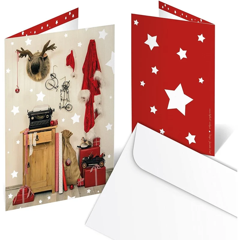 10 Weihnachtskarten DIN A6 Klappkarten mit Umschlag – Nostalgie-Motiv rot-weiß innen blanko
